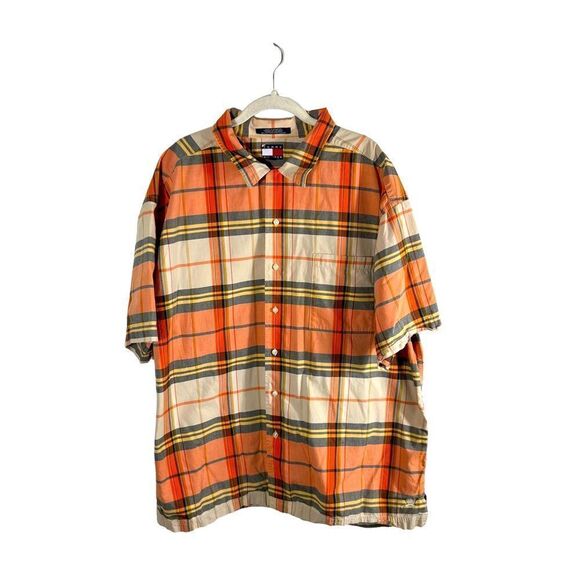 Vintage Tommy Hilfiger Orange Plaid Print Button Down Shirt - Picture 1 of 8